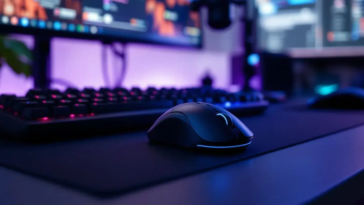 Modern livestreaming desk setup with a wireless gaming mouse, keyboard, and microphone.