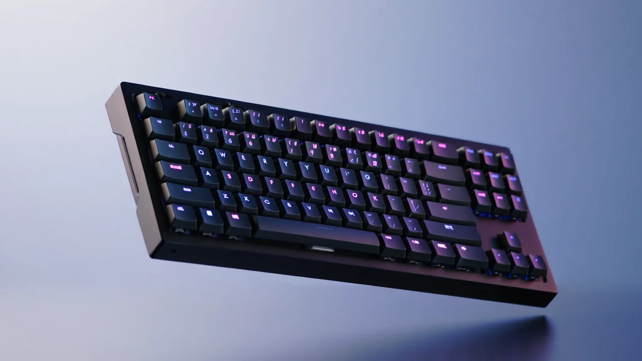 Modern mechanical gaming keyboard floating against a neutral background – symbolic image for keyboards used by streamers