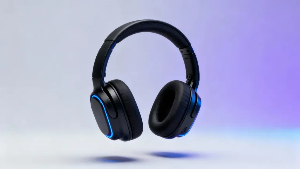 Black over-ear headset floating in front of a soft, gray-blue-purple gradient background. Soft blue light accentuates the contours, giving the headset a modern, high-quality look.